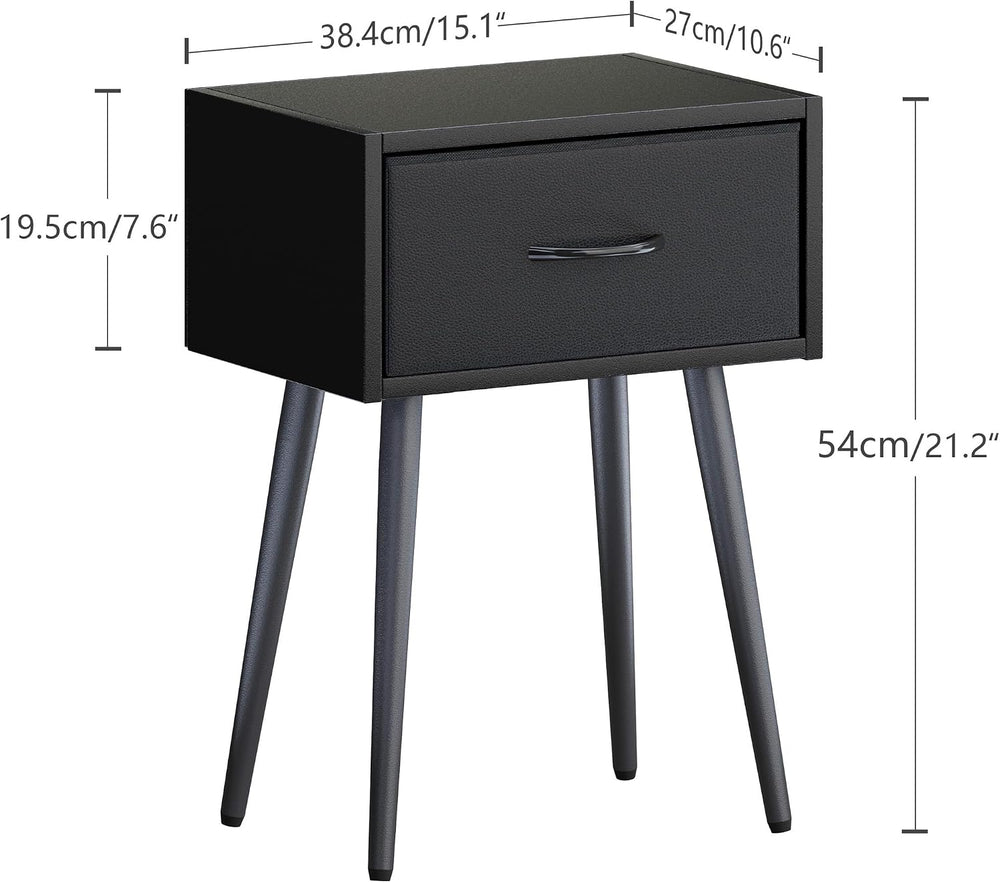Small Black Nightstands Set of 2, Bedside Table with Fabric Drawer, Modern En...