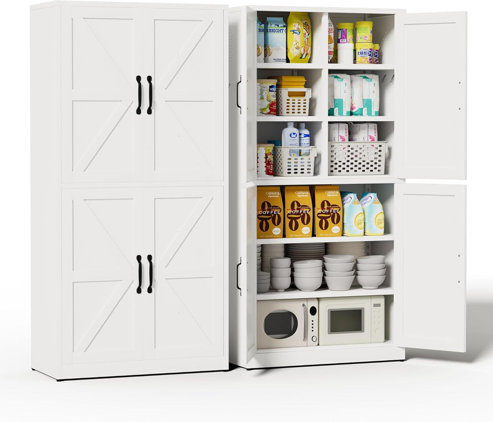 White Steel Kitchen Pantry Storage Cabinet with Barn Doors and Adjustable She...