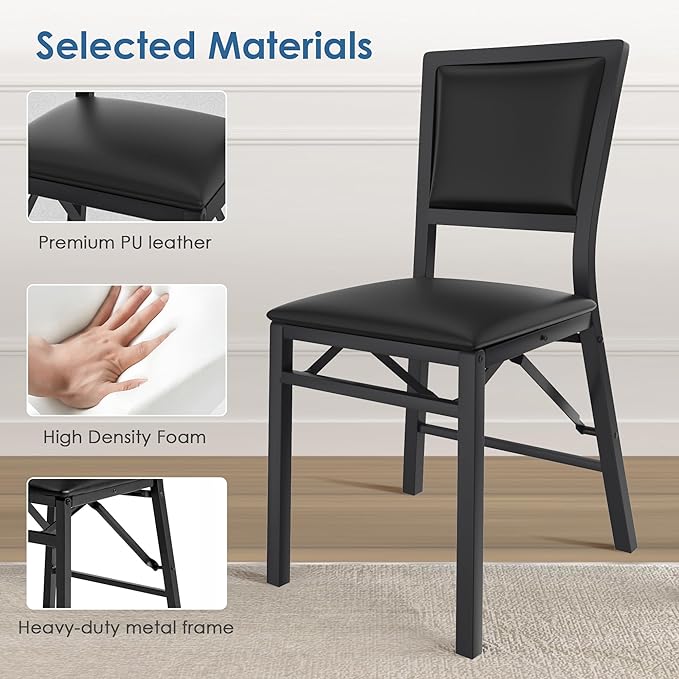 VECELO Folding Chairs Set of 4 with Cushion, Foldable Padded Seats with Heavy Duty Metal Frame for Kitchen/Dining/Living Room, No Assembly & Space Saving Design, Black