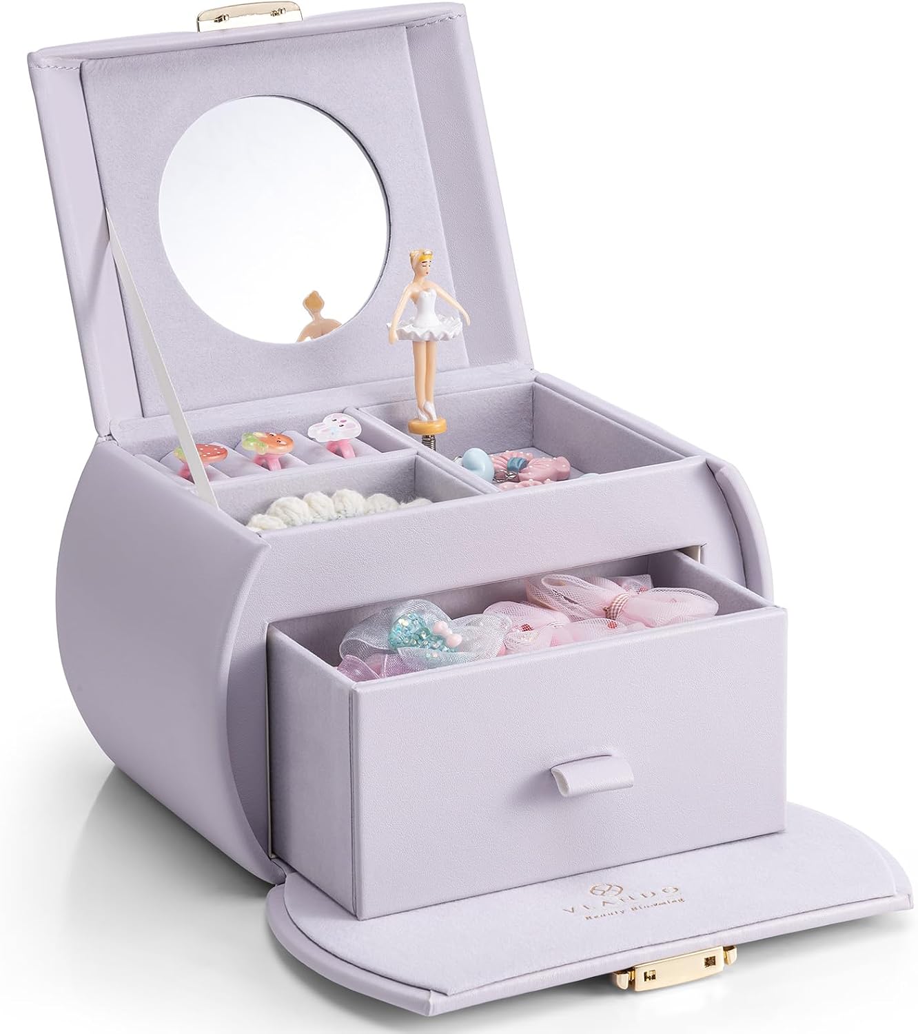 VLANDO 2 Layer Girls Musical Jewelry Box with Ballerina and Large Drawers | Rotating Dancer Plays Canon Melody, Top Dividers Store Rings and Small Treasures, Half-Moon Design, Birthday Christmas Gift
