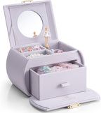 VLANDO 2 Layer Girls Musical Jewelry Box with Ballerina and Large Drawers | Rotating Dancer Plays Canon Melody, Top Dividers Store Rings and Small Treasures, Half-Moon Design, Birthday Christmas Gift