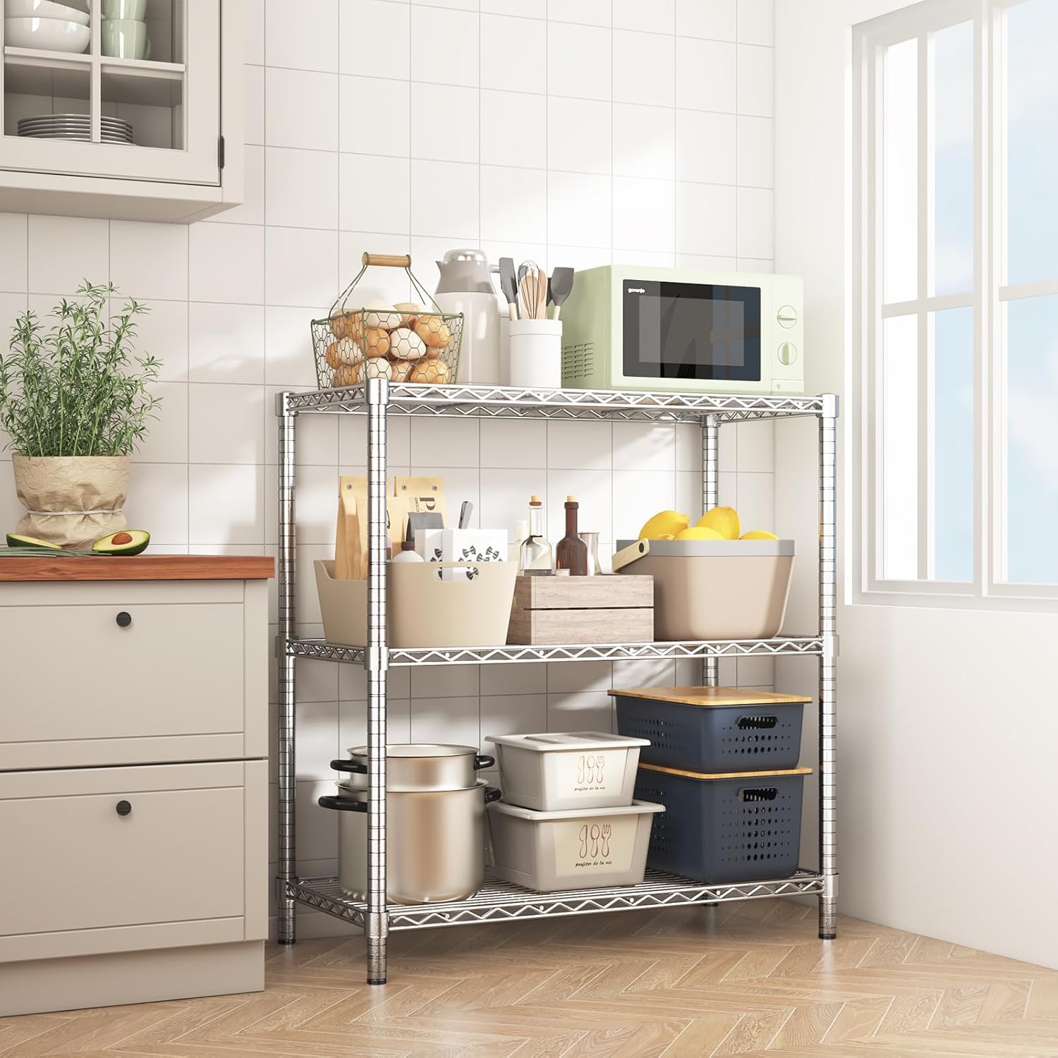 ROOMTEC 3-Tier Wire Shelving Unit,40" W*16" D*36" H,Max Load 1200 lbs | Small Garage Shelves,Adjustable Storage Rack, Metal Shelf for Kitchen, Pantry, Laundry Room, Basement