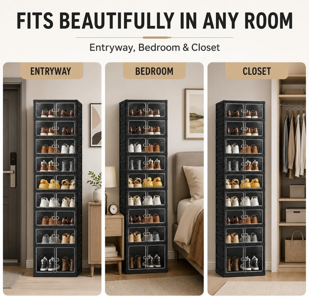 UFORU 9-Tier Black Foldable Shoe Rack,18-Pair Organizer with Magnetic Doors | Dustproof Enclosed Storage with Clear Magnetic Doors,Easy to Assemble for Closets,Entryways,Bedrooms ,Large Boxes