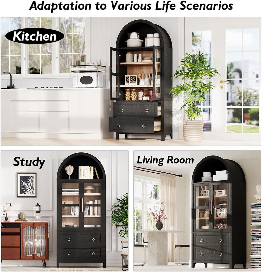 71" Tall Arched Kitchen Pantry Cabinet with 2 Large Drawers and Adjustab...