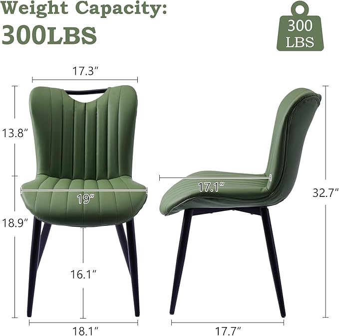 Leather Upholstered Dining Chairs Set of 2, Mid-Century Modern Kitchen Dining Room Chairs with Black Metal Legs, Armless Faux Leather Accent Dinner Chairs Kitchen Side Chairs, Green