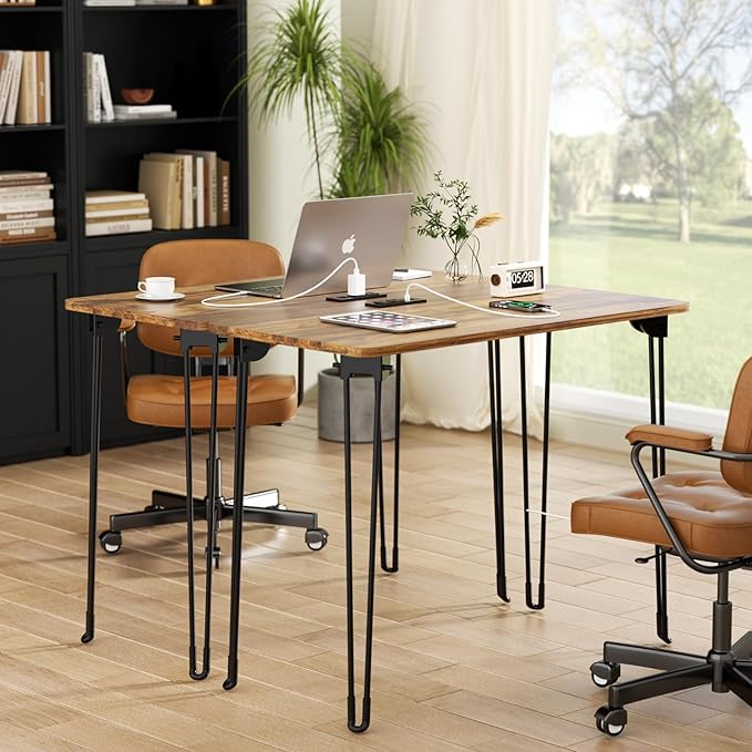 Folding Desk, 31.5" Hairpin Legs Small Desk with Power Strip for Bedroom, Space Saving Foldable Computer Desk for Home Office, No Assembly Need,Brown