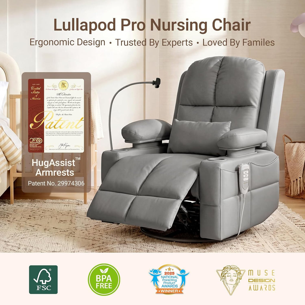 MAMAZING Lullapod Power Nursery Rocking Chair with HugAssist Armrest | Triple Motor Power Nursing Recliner with 270° Swivel Glider & Quiet Rocking, Dual Charging Ports & Built-In Storage