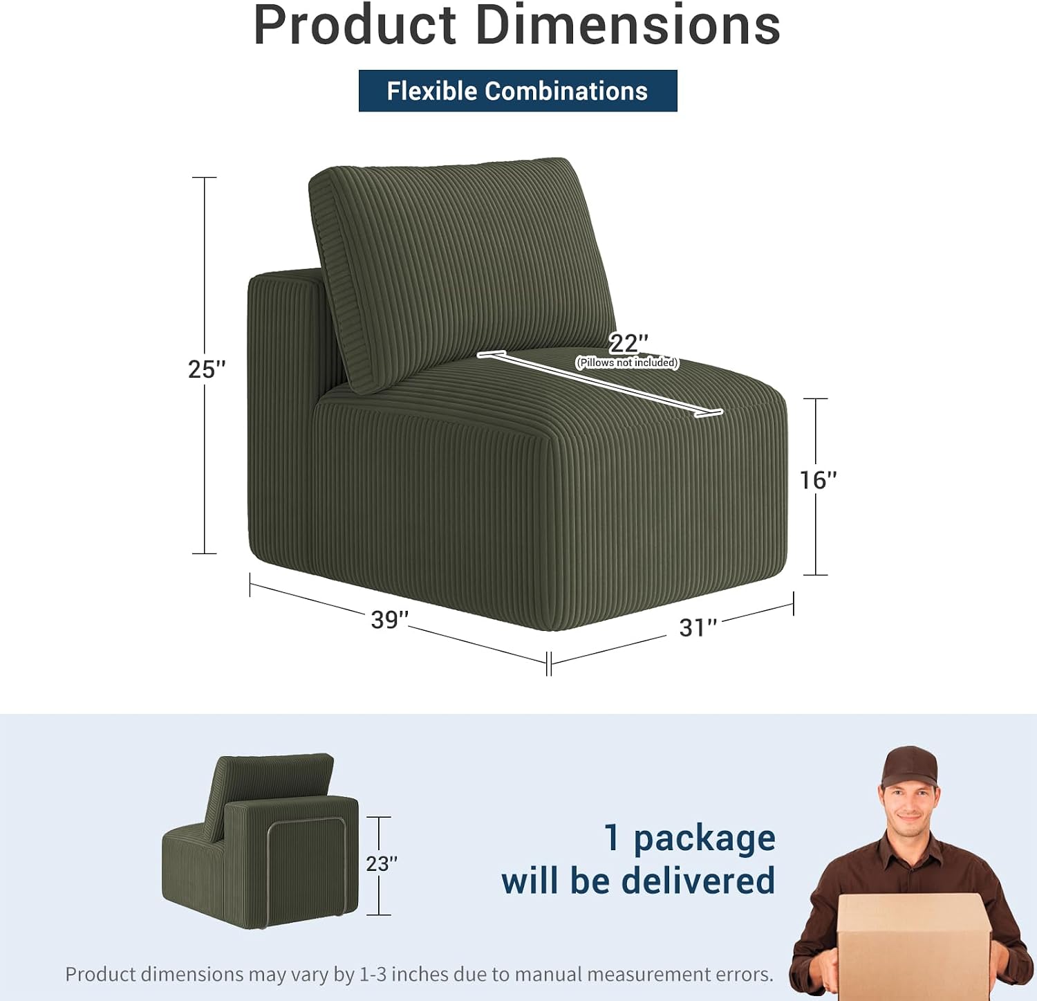 Modern Single Boneless Sofa Couches for Living Room - 39" Cloud Couch - Easy Assembly, Cozy Corduroy Convertible Full Sponge Compression Sofas for House, Apartment(Green)
