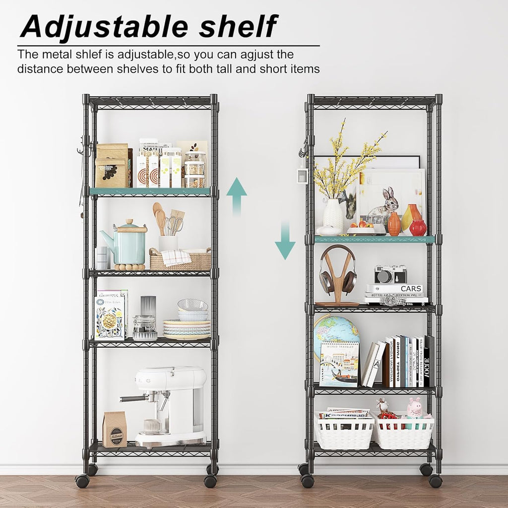 Himimi 5-Tier Wire Shelving Unit on Wheels, Adjustable Heavy Duty Metal Shelves with Side Hooks, Metal Organization Wire Rack for Kitchen Garage Basement, 13" L x 23" W x 72" H, Black