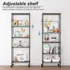Himimi 5-Tier Wire Shelving Unit on Wheels, Adjustable Heavy Duty Metal Shelves with Side Hooks, Metal Organization Wire Rack for Kitchen Garage Basement, 13" L x 23" W x 72" H, Black