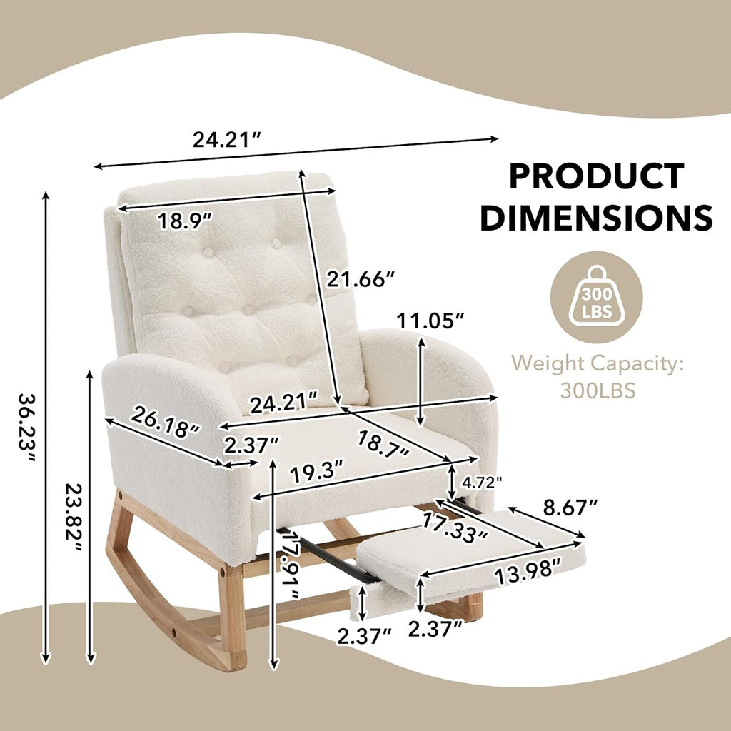 Rocking Chair Nursing with Footrest, Rocker (White Teddy) | teddy upholstery, high-density foam, adjustable footrest, soft cushion, button tufted design, silent non-slip pads