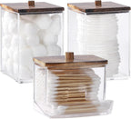 Tbestmax Bathroom Organizer Accessories Set-12/7 oz Qtips Holder Storage, Clear Cotton Ball/Swabs Dispenser, Plastic Square Apothecary Jars with Brown Wood Lids