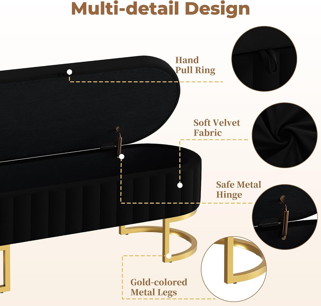 Storage Ottoman Bench, 45" Velvet End of Bed Bench Bedroom Bench with Golden Metal Legs, Upholstered Storage Bench for Bedroom Living Room Entryway and Window, Black