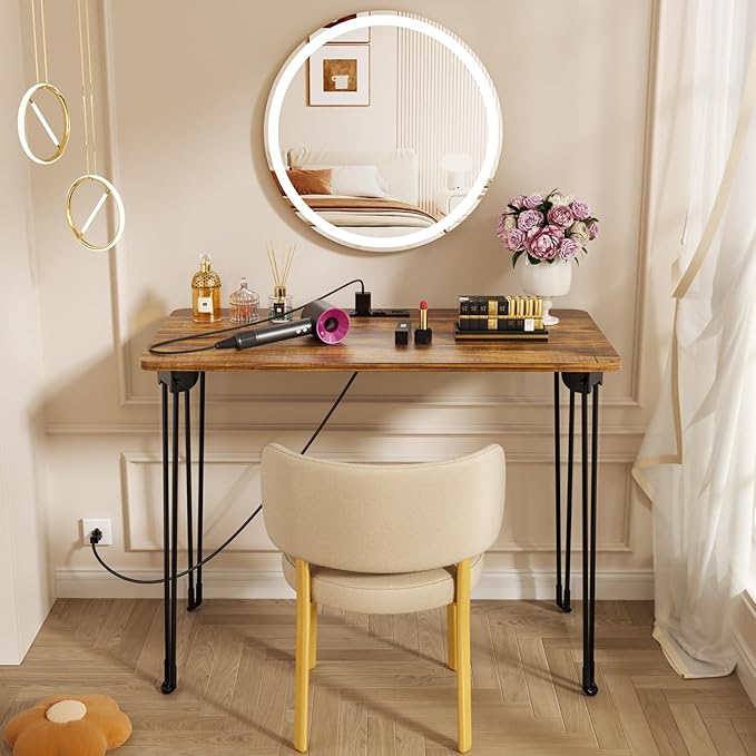 Folding Desk, 31.5" Hairpin Legs Small Desk with Power Strip for Bedroom, Space Saving Foldable Computer Desk for Home Office, No Assembly Need,Brown
