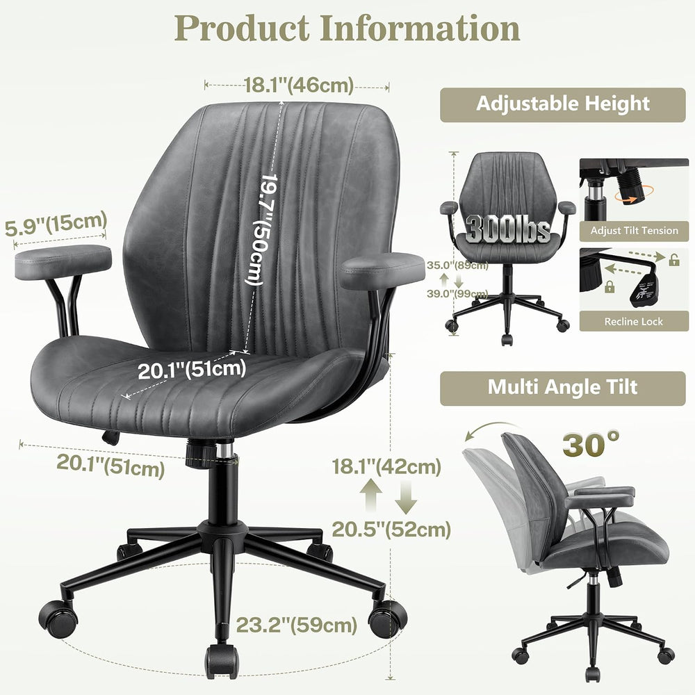 HeroSet Home Office Desk Chair with Removable Armrests, Modern PU Leather Exe...