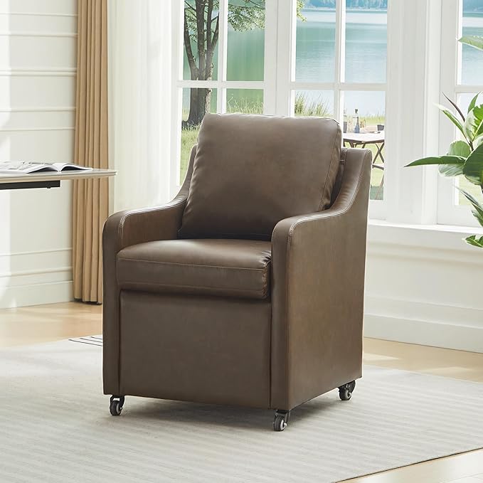 Rolled Dining Chair with Casters, Upholstered Modern Rolling Armchair with Wheels for Kitchen (1, PU Coffee)