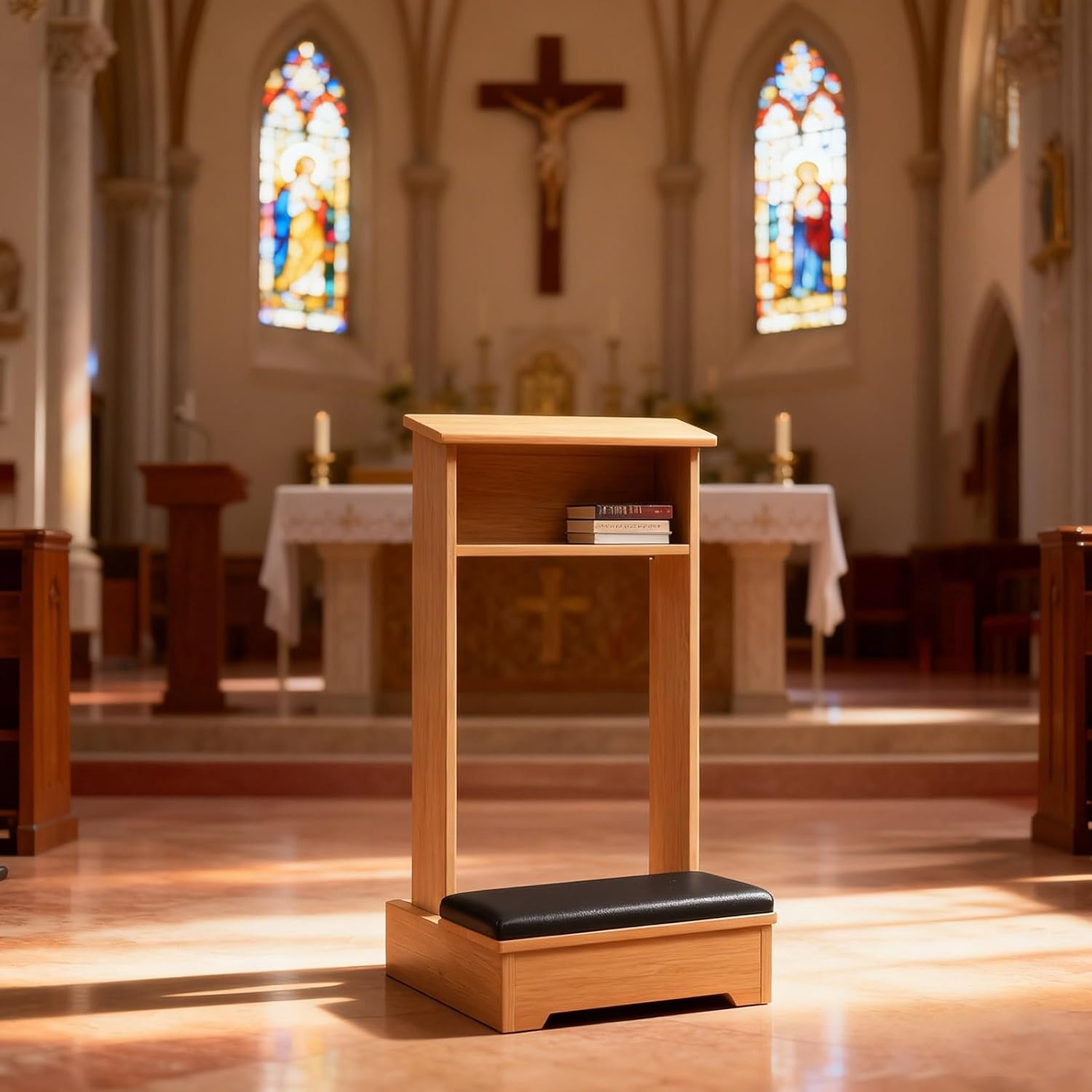 Prayer Bench for Kneeler Prayer Church Kneeling Stand Stool Prayer Table at Home Kneeling Chair 20x16.5x33 in Meditation Stool Church Table with Shelf and Kneeling Cushions(White)