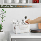 DRASTAR Wooden Silverware Caddy, Flatware Cutlery Holder, Silverware Organizer for Party, Kitchen Utensil Holder for Countertop, Retro White