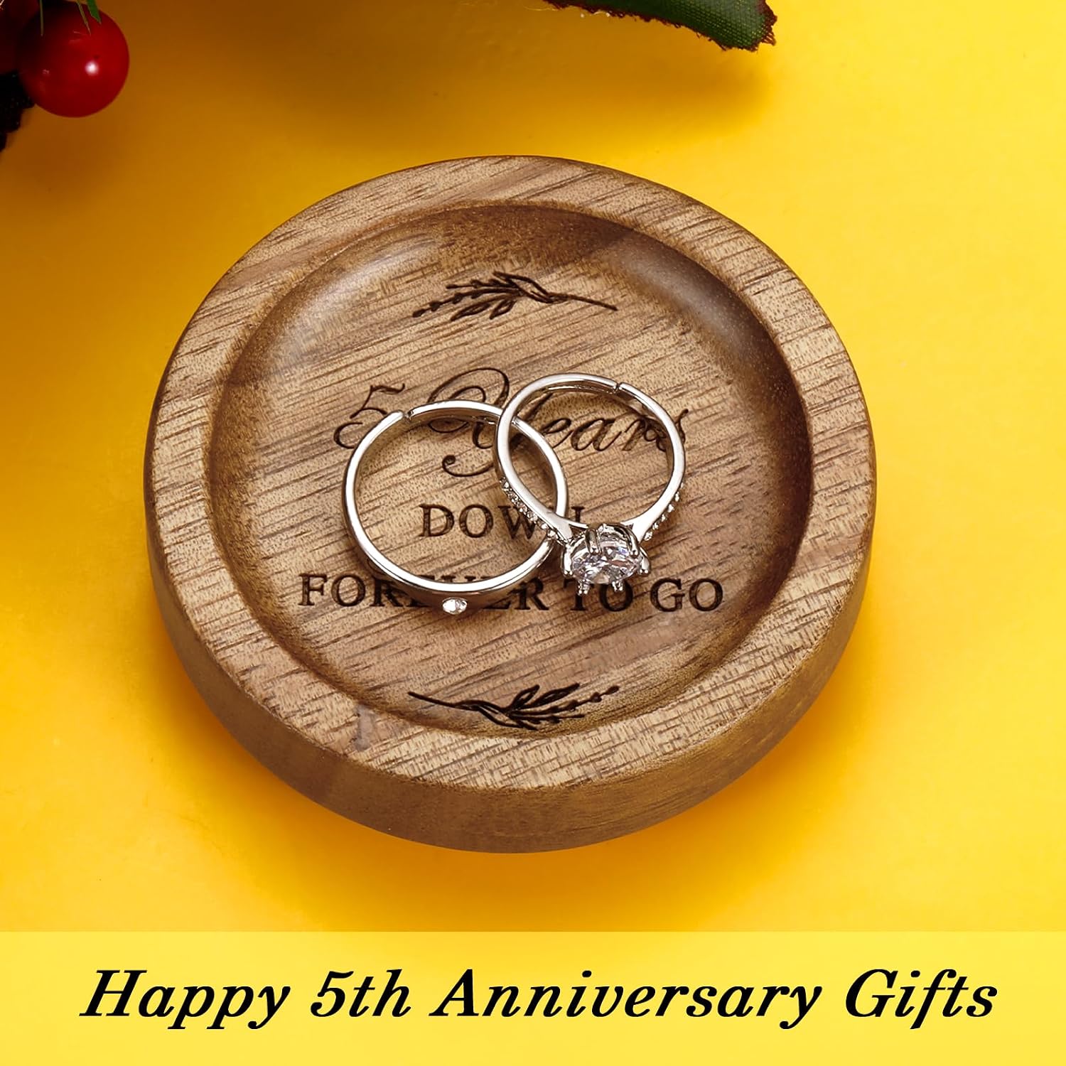 Ring Dish 5 Year Anniversary Wood Gift for Him Her 5th Gifts for Husband | Wife Wooden Wedding Ring Dish 5 Year Marriage Anniversary Presents for Couple, Fifth Anniversay Present for Women Men