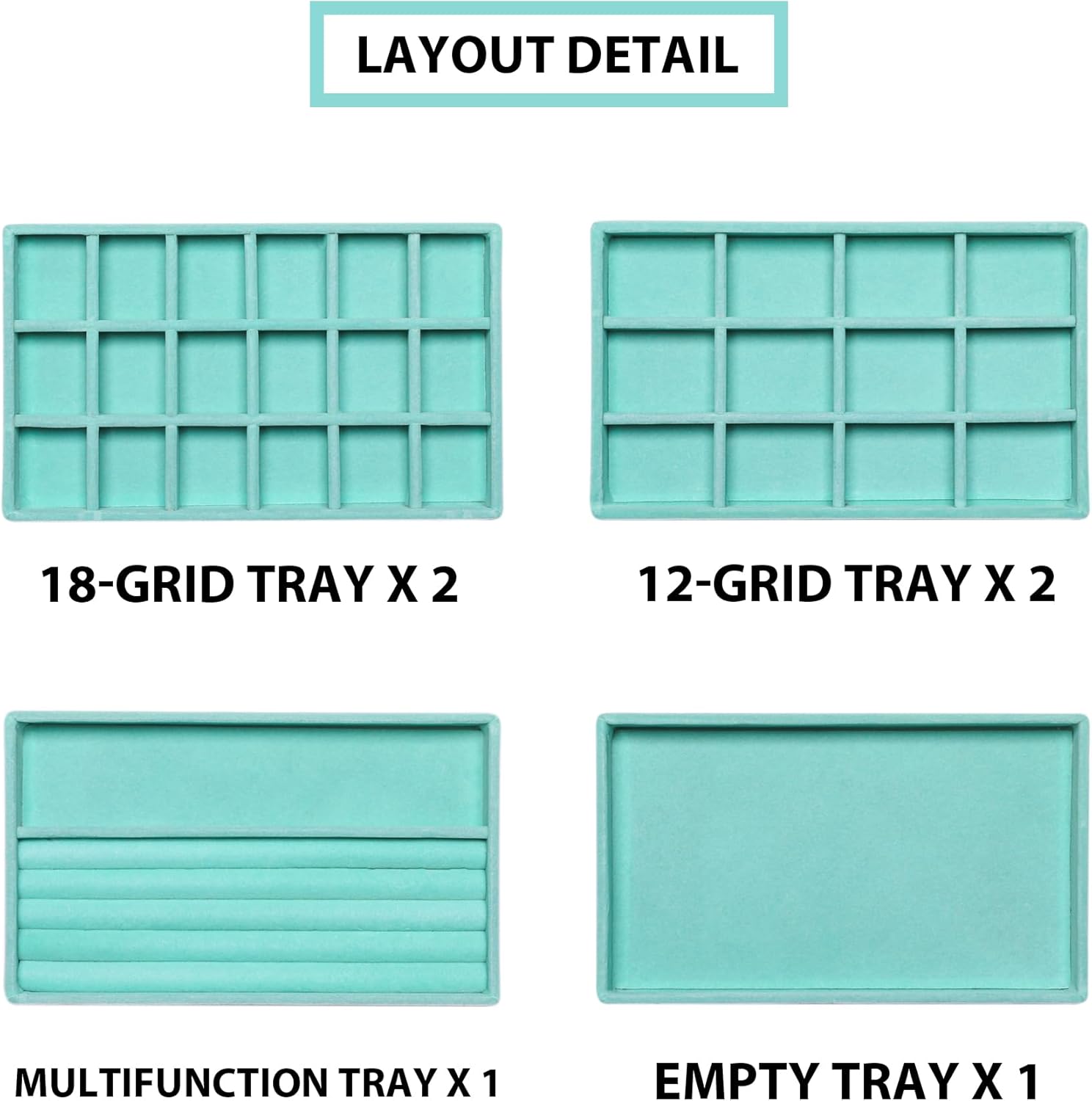 Frebeauty Jewelry Organizer Tray,Stackable Velvet Jewelry Trays,Drawer Inserts Earring Organizer For Women Jewelry Storage Display Case for Rings Stud Necklaces,Set of 6(Turquoise)