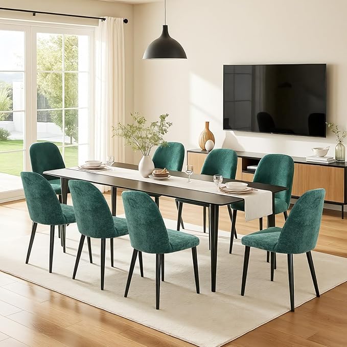 Upholstered Dining Chairs Set of 8 Modern Kitchen Chairs Chenille Fabric Dining Room Chairs High-Back Padded Dining Chairs with Metal Legs for Kitchen Dining Room Restaurant Cafe Hotel, Green