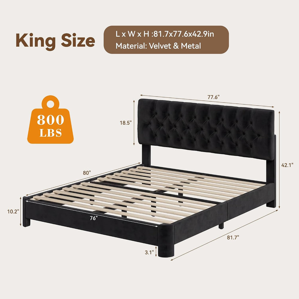 King Size Bed Frame w/ Headboard,Velvet Fabric Upholstered Bed Frame,Black
