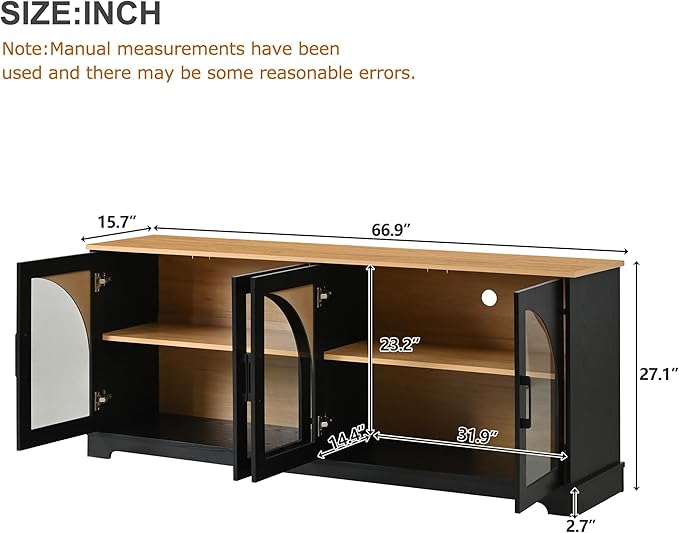 Farmhouse TV Stand with Adjustable Shelves for TVs up to 70'', Entertainment Center with Semi-Arched Glass Doors, Wood Grain Sideboard with Cable Management for Living Room, Black