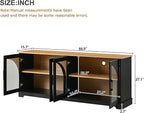 Farmhouse TV Stand with Adjustable Shelves for TVs up to 70'', Entertainment Center with Semi-Arched Glass Doors, Wood Grain Sideboard with Cable Management for Living Room, Black