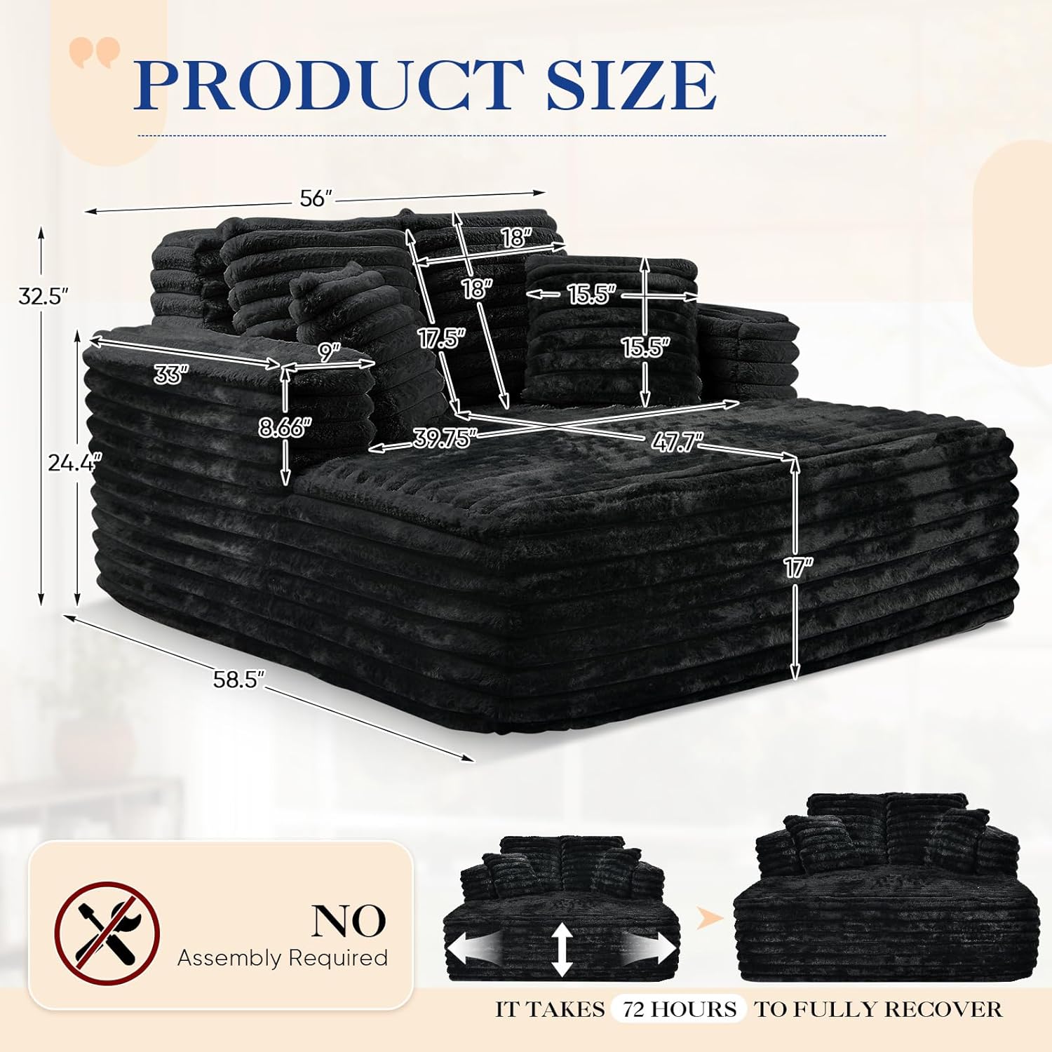 Oversized Chaise Lounge Indoor, Modern Plush Faux Fur Fabric Deep Seat Boneless Memory Foam Sleeper Chaise Lounge Sofa Chair with Pillows for Living Room Bedroom Studio, No Assembly Couch, Black