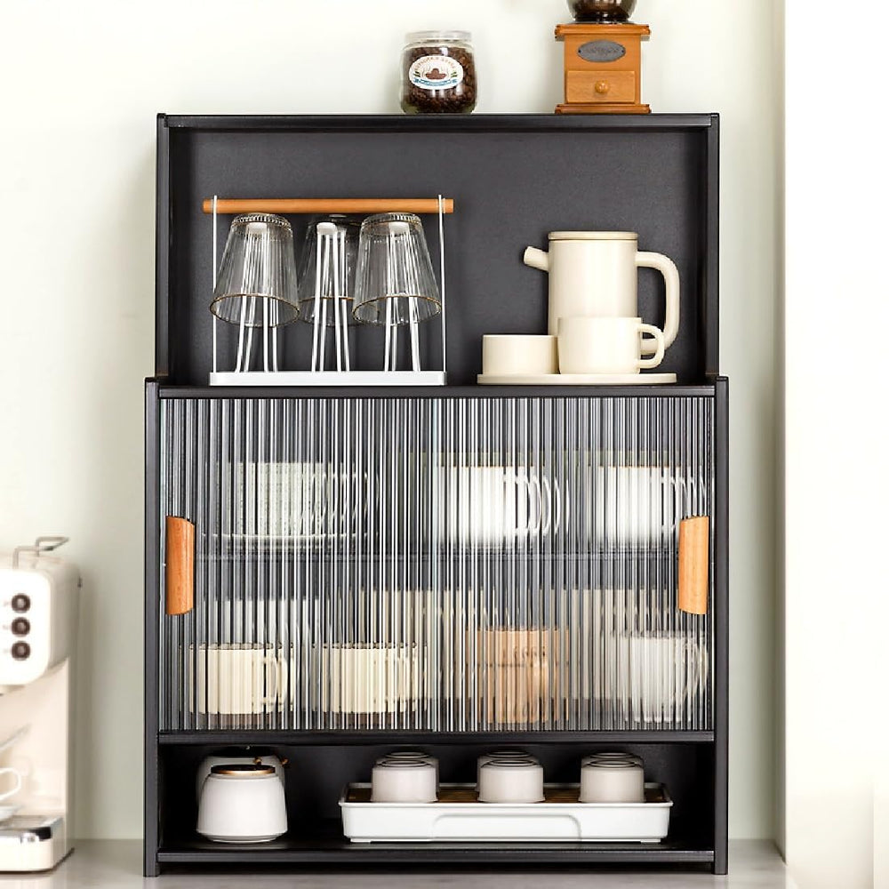 Countertop Kitchen Pantry - 3 Tier Bamboo Sideboard with Sliding Glass Doors,...