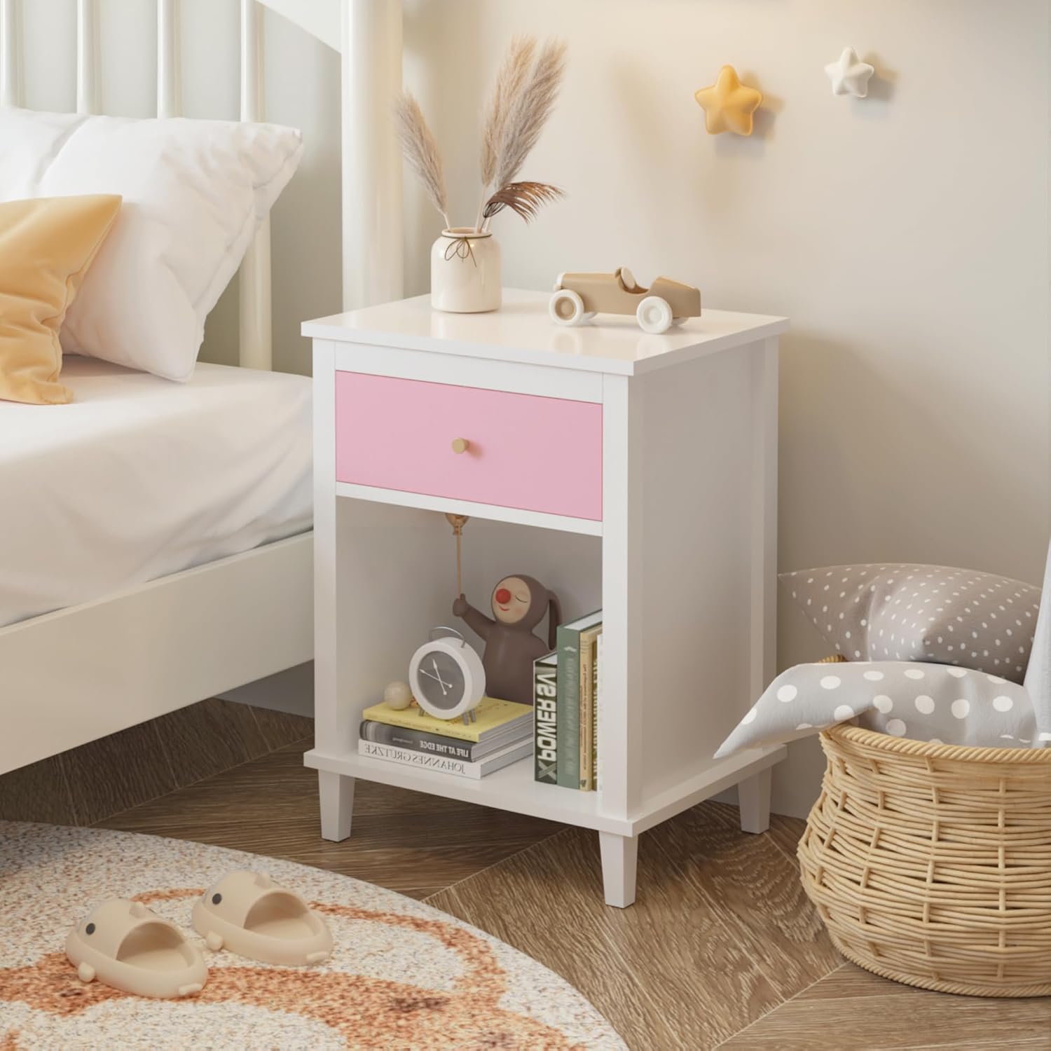 26.77"H Wooden Nightstand with Drawer & Open Shelf, Bedside End Table | Compact Storage Side Table Fits Bedrooms, Dorms for Kids and Adults Daily Use