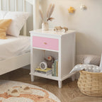 Pink Kids Nightstand Modern Kids Bedside Table with Drawer & Open Storage Shelf Wood End Side Table Toddler Nightstand for Bedroom Living Room (Pink)