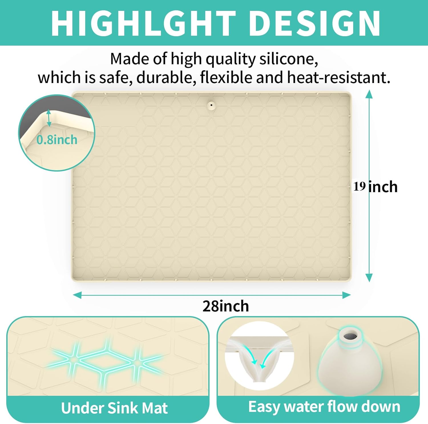 Under Sink Mat for Kitchen Silicone Waterproof Under Sink Liner, Flexible Sink Cabinet Organizer Tray with Drain Hole, Hold up to 3.3 Gallons Liquid, Easy to Clean