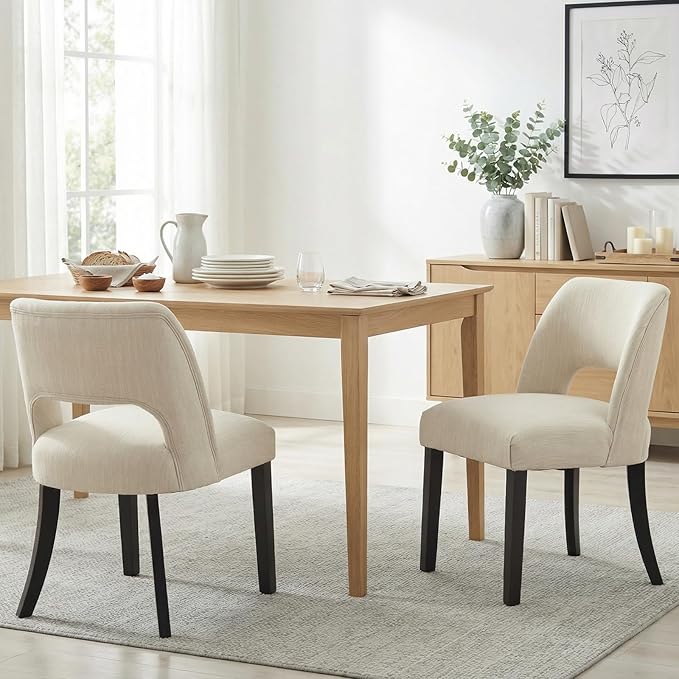 keoni Wooden Dining Chairs Set of 2, Mid Century Modern Upholstered Dining Room Chairs with Black Wood Legs, Fabric Farmhouse Kitchen Chairs with Foot Pegs for Dining Room, Beige