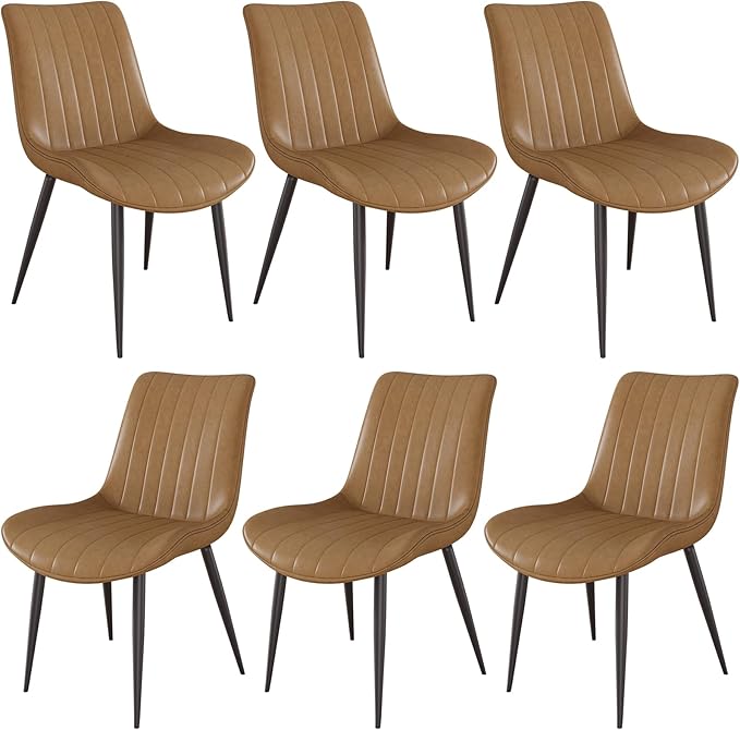 Dining Chairs Set of 6, Leather Modern Kitchen & Dining Room Chairs, Comfortable Upholstered Kitchen Chairs with Metal Legs Armless Side Chairs for Living Room Bedroom Restaurant Cafe, Brown