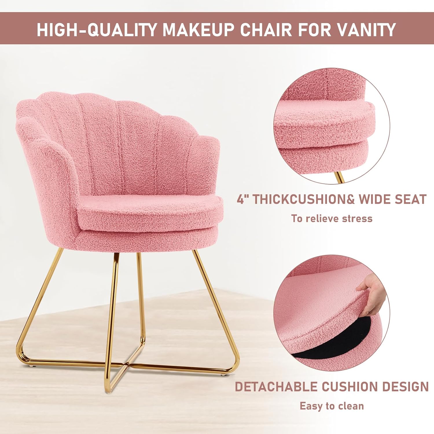 Furnimart Vanity Chair with Back, Shell Accent Chair for Living Room, Criss Cross Chair with Gold Legs, Makeup Chair for Bedroom Desk Chair no Wheels, Faux Fur Pink