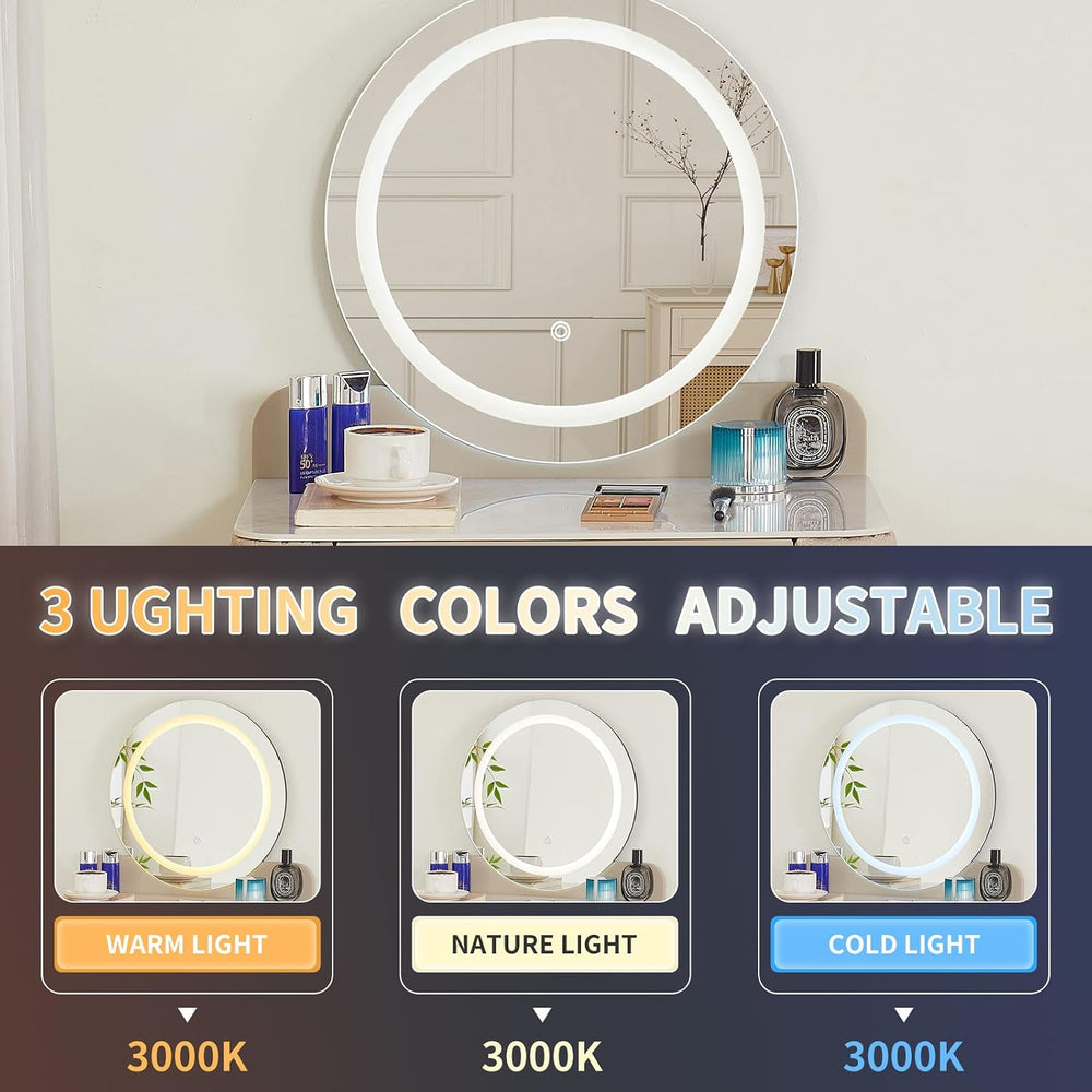 Small Vanity Desk with Mirror and Lights, 2 Drawers.(Beige) | 3 Color Lightin...