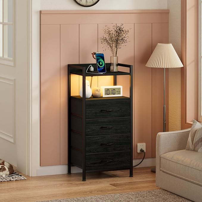 Furnulem Night Stand with Charging Station, Black Nightstand with Drawers and...