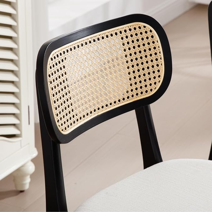 Rattan Dining Chairs Set of 2 Black Linen Fabric Dining Room Chairs Natural Wooden Kitchen Chairs Farmhouse Boho