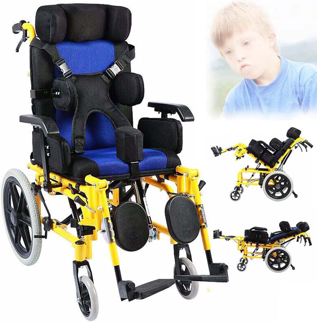 Kids Lightweight Folding Reclining Wheelchair with Adjustable Headrest - Full Lying Ergonomic Design Child Wheelchair, Armrest Height Adjustment, Sitting Position Control - Cerebral Palsy Wheelchair