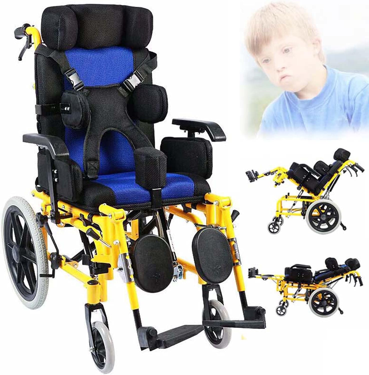 Kids Lightweight Folding Reclining Wheelchair with Adjustable Headrest - Full Lying Ergonomic Design Child Wheelchair, Armrest Height Adjustment, Sitting Position Control - Cerebral Palsy Wheelchair
