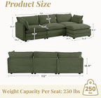 112'' Sectional Modular Cloud Couch, Oversized L Shaped 3 Seat Sofa with Movable Ottomans, 2 Throw Pillows, Upholstered Corduroy L Shape Comfy Deep Couches for Living Room and Office, Green