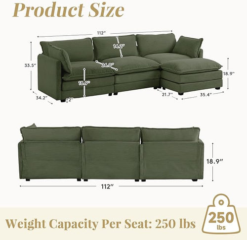 112'' Sectional Modular Cloud Couch, Oversized L Shaped 3 Seat Sofa with Movable Ottomans, 2 Throw Pillows, Upholstered Corduroy L Shape Comfy Deep Couches for Living Room and Office, Green