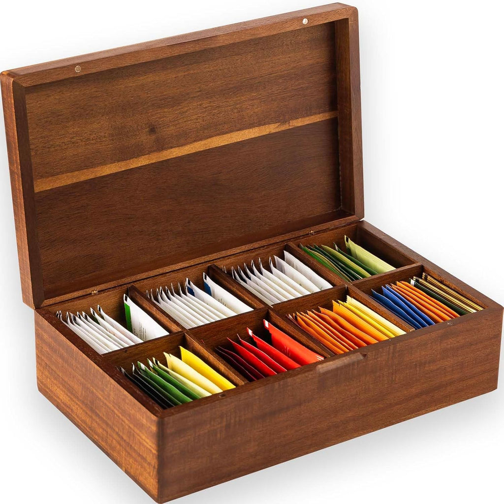 Acacia Wooden Tea Bag Organizers, Tea packet Storage Boxes, Tea Caddy for Tea Bags Chest, Teabag Holder Containers, Teabox Station Display, Organizador De Tes Caja Para Te, 8 Compartments