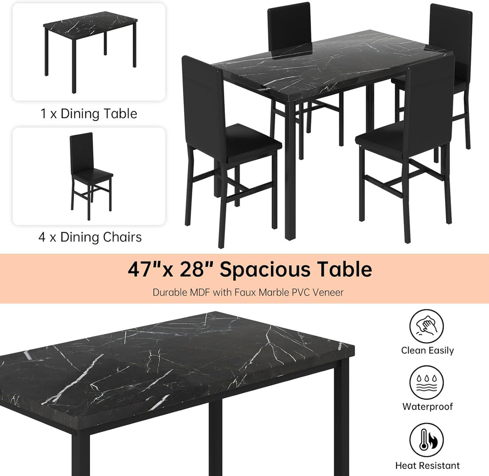 DKLGG 5-Piece Dining Table Set for 4, Faux Marble Kitchen Table Chairs Set of...
