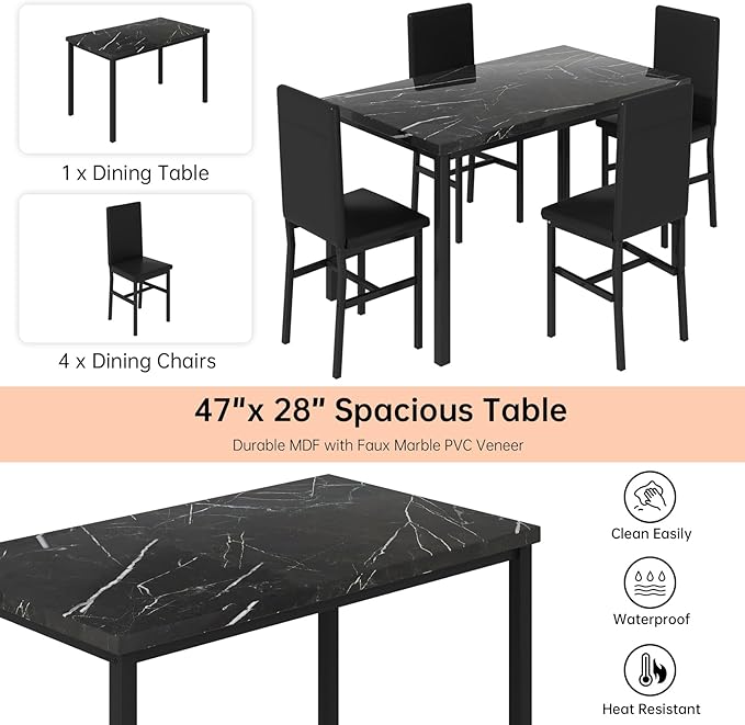 Hooseng Dining Table Set for 4, Modern Faux Marble Kitchen Table with 4 PU Leather Chairs, 5 Piece Dining Room Sets for Dinette, Breakfast Nook, Black