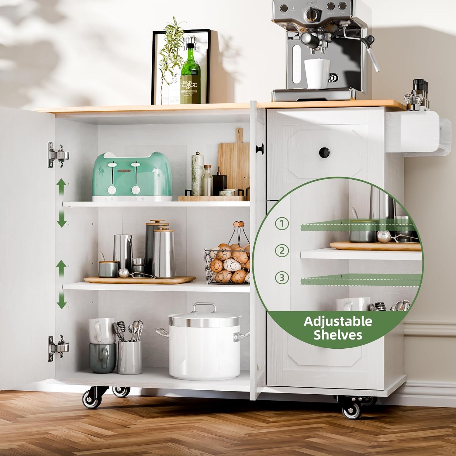 Kitchen Island with Storage, Rolling Kitchen Island Cart with Drop Leaf, Storage Drawers, Spice Rack, and Towel Rack for Kitchen and Dining Room, White
