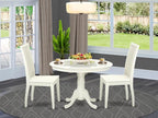 East West Furniture HLIP3-LWH-W 3 Piece Kitchen Table Set for Small Spaces Contains a Round Dining Room Table with Pedestal and 2 Solid Wood Seat Chairs, 42x42 Inch, Linen White
