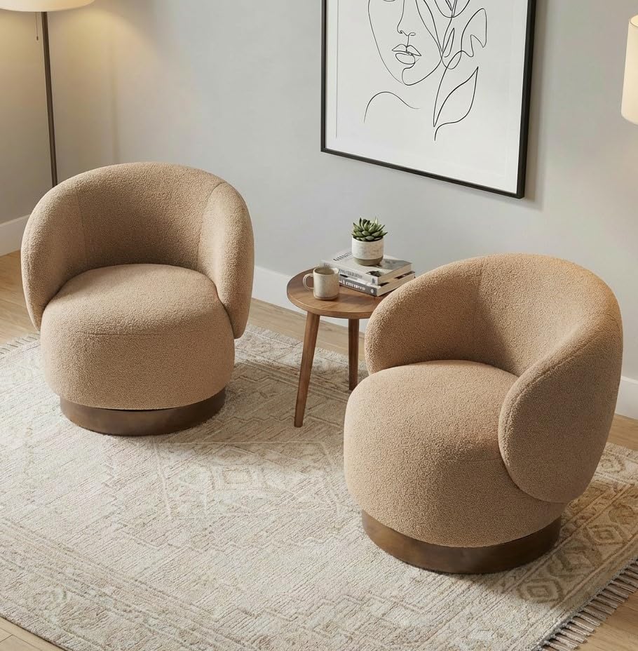 KISLOT Swivel Barrel Accent Chair, Boucle Fabric, Sand, 2-Pack | Modern Style...