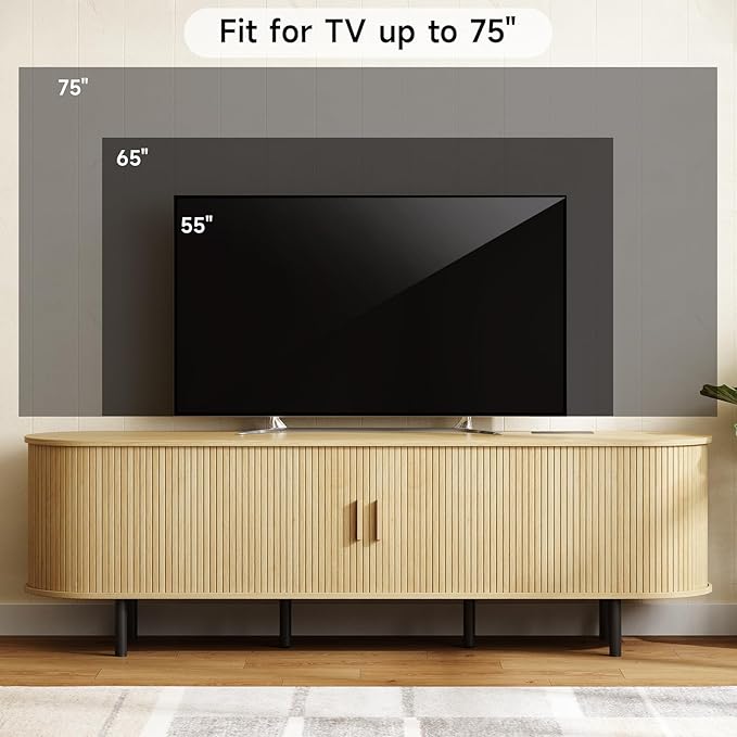 ONBRILL 70.8" TV Stand with Power Outlet for TVs up to 75 Inch, Entertainment Center with Storage and Adjustable Shelves, Modern Media Console with Sliding Doors for Living Room, Oak